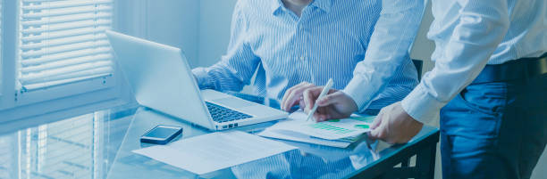 business people team working on office computer, teamwork background banner